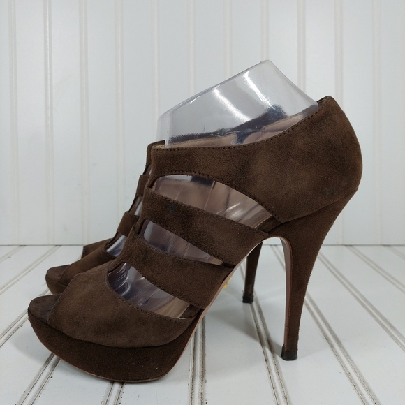 Prada Pre Loved Brown Suede Leather Peep Toe Heels F634 - Picture 1 of 10